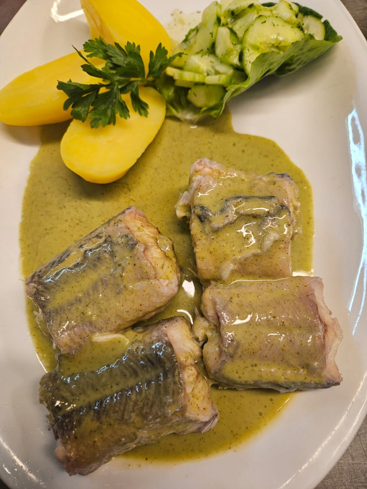 Aal grün mit Salzkartoffeln und Gurkensalat